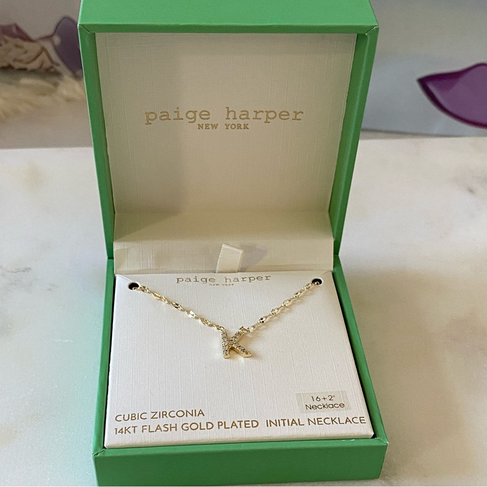 NWT 14KT Flash Gold Plated 'K' Initial Necklace with Cubic Zirconia